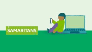 Banner graphic for the Internet Safety, Suicide and Self-Harm elearning programme. It illustrates a person usong the internet on both their mobile device and a laptop computer.