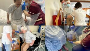A collage of photos featuring care scenarios involving AHPs and patients.