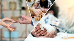 A collage of photos showing hands of healthcare professionals, families and children.