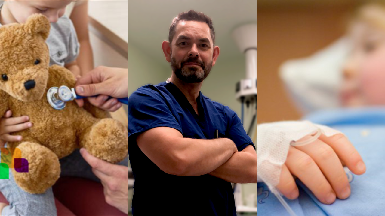 A photo collage, including children receiving medical treatment and Dr Richard Martin, Consultant Anaesthetist at Great Ormond Street Hospital and Clinical Lead for Procedure Induced Anxiety (GOSH).