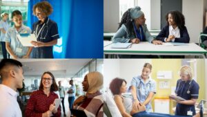 A collage of photos showing healthcare trainees being supported by other professionals.