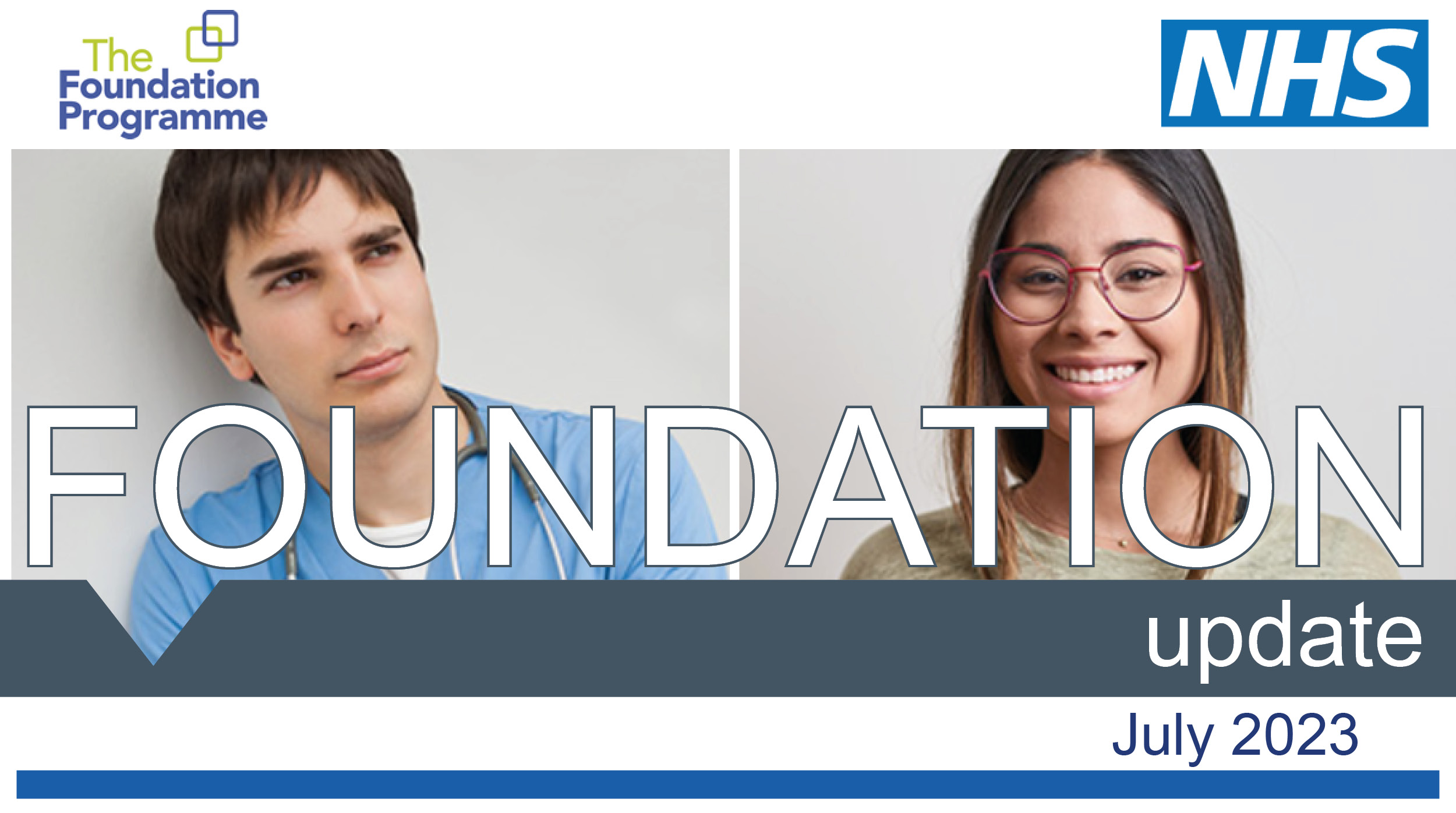 Young male and female staff smile, with text: Foundation Update July 20223