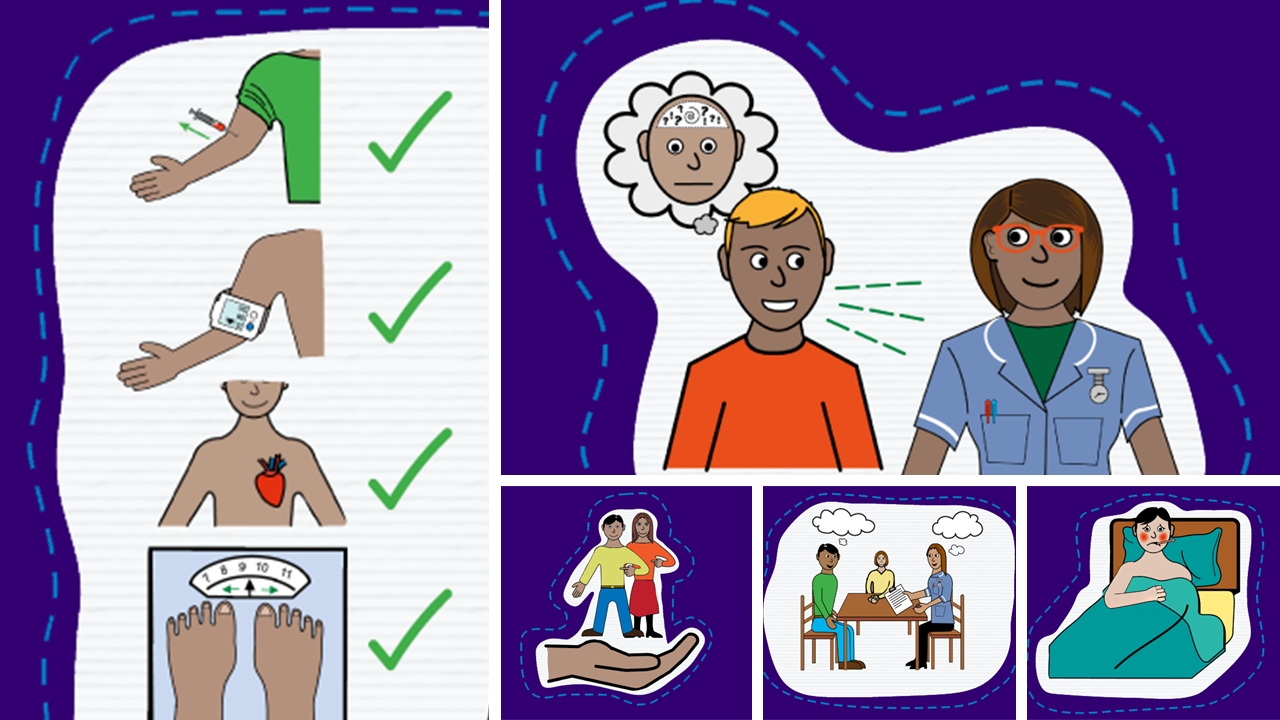 A collage of illustrations showing people with a learning disability being cared for