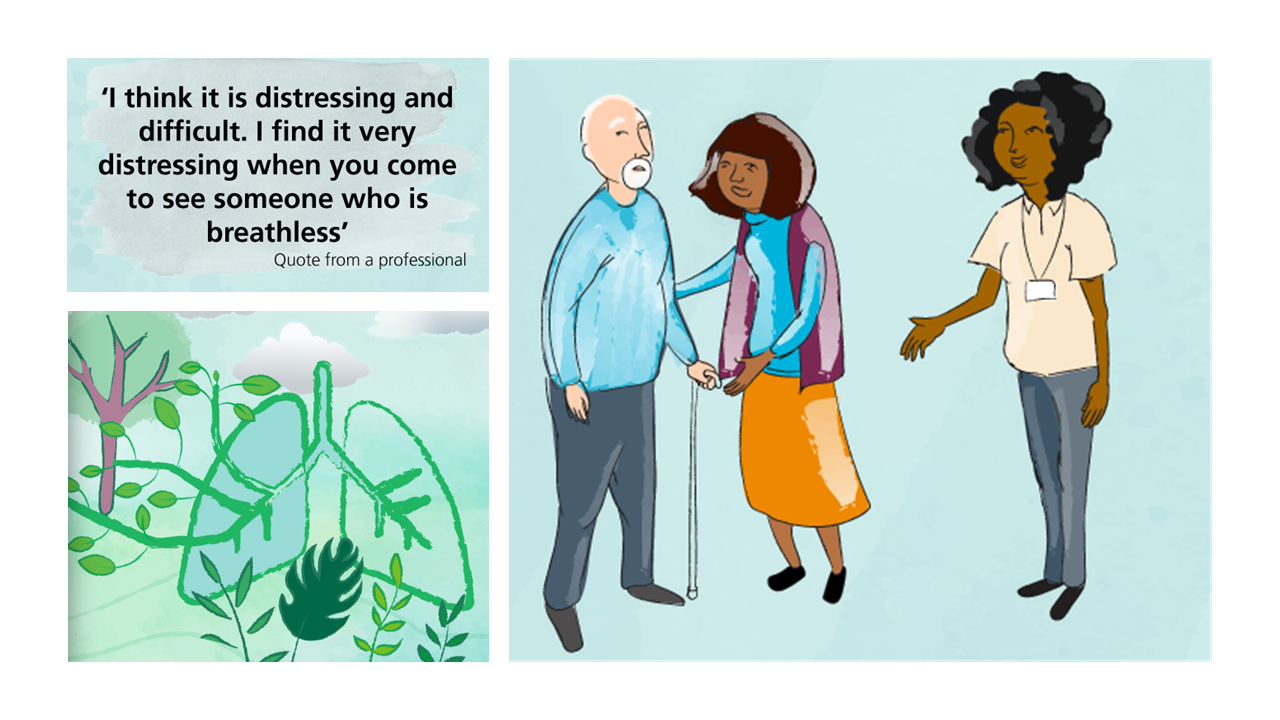 Illustrations showing healthcare professionals caring for people with chronic breathlessness.