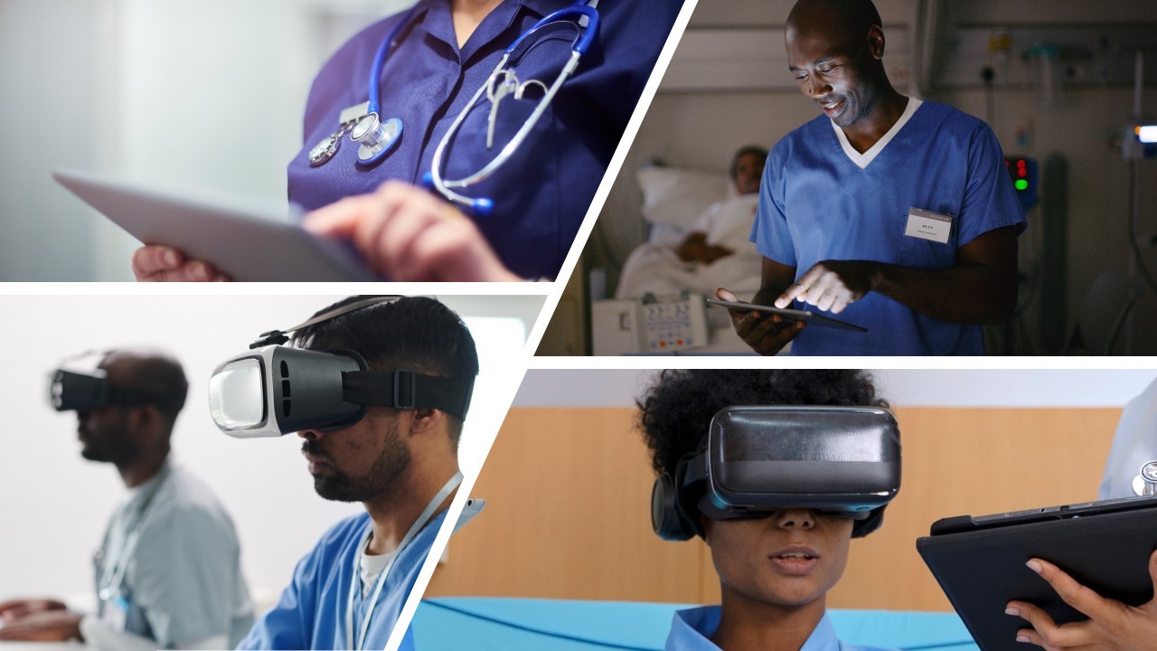 Four different images showing health professionals using technology such as Virtual Reality, electronic tablets.